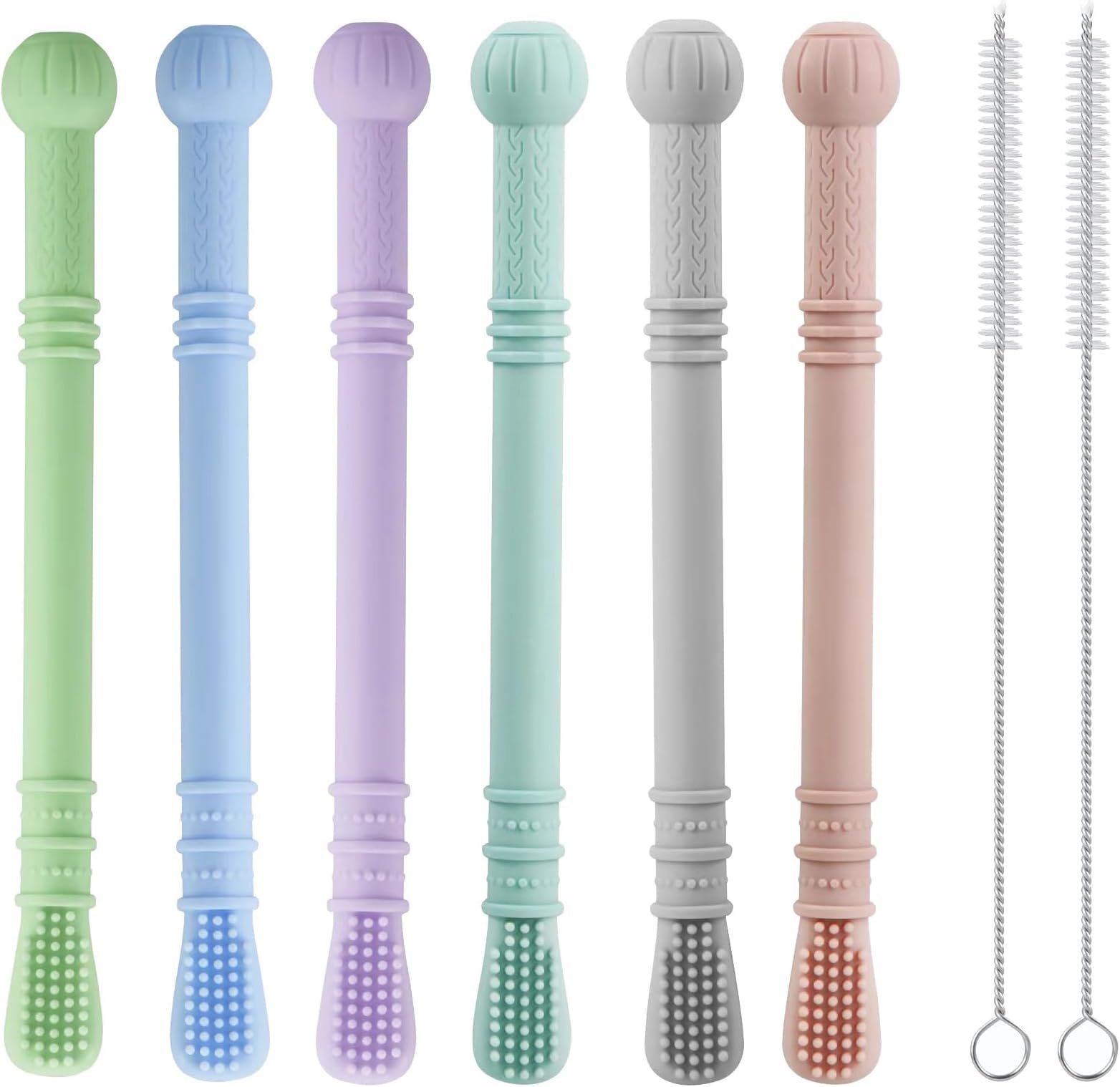PandaEar Silicone Baby Teether Tubes, 6 Pack Teething Sticks for Babies| Soft Baby Teething Toys Chew Frozen Teether for Teething Relief with 2 Cleaning Brush, Baby Toys 0-3 3-6 6-12 months