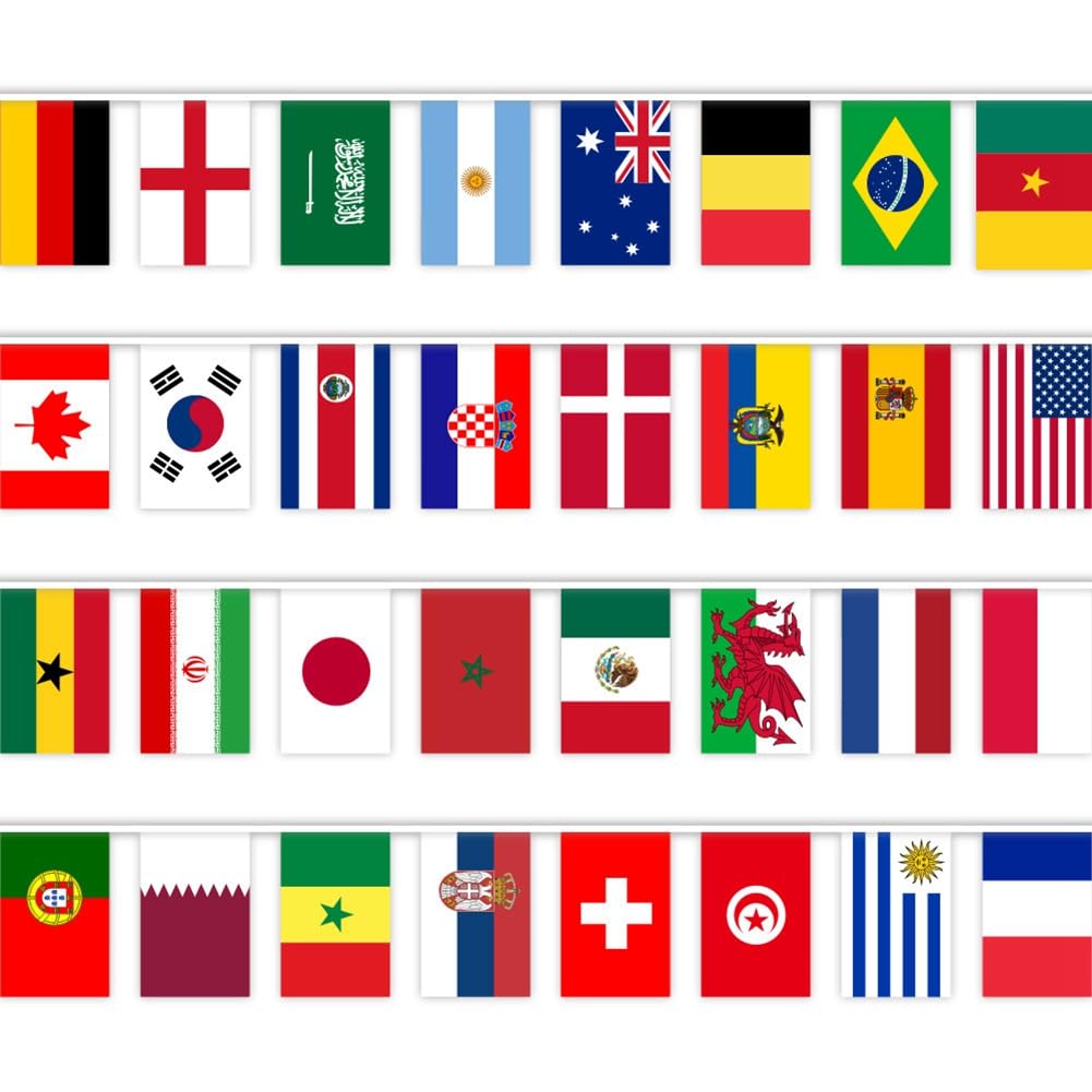 Guirlande de 100 drapeaux multicolores - Guirlande internationale à suspendre - Pour chambre d'enfant, mariage, bar, festival, fête - 20 x 28 cm - 80 m - Avec 200 drapeaux