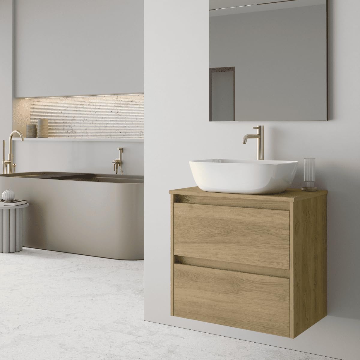 Mueble de Baño Suspendido Fondo Reducido con Lavabo Sobreponer Cerámico para Aseos | Mueble Volado 2 Cajones | 70 cm Roble Natural