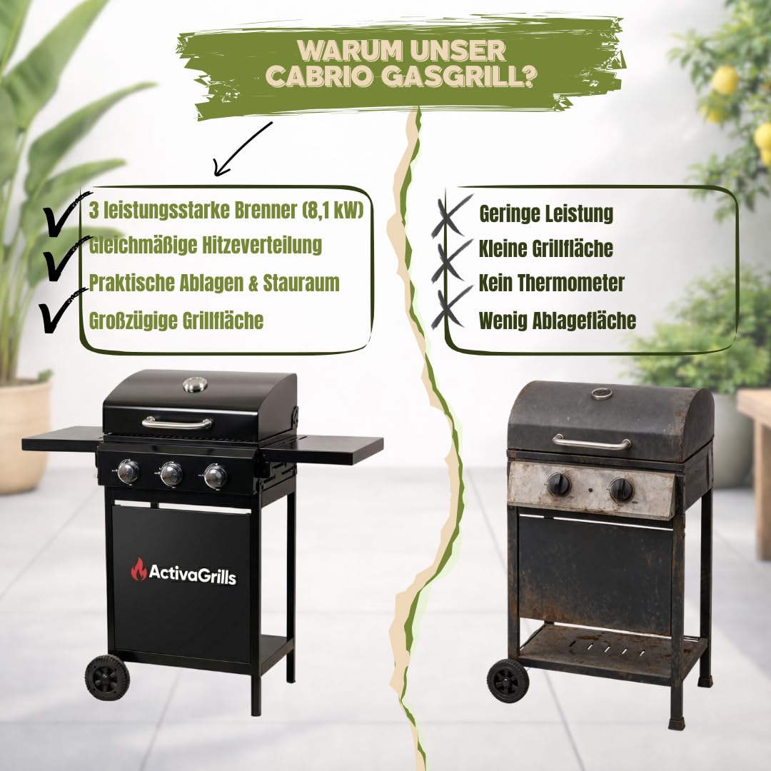 ACTIVA Action grill gazowy na kółkach, 3 palniki, każdy 2,7 kW, czarny, chromowany ruszt