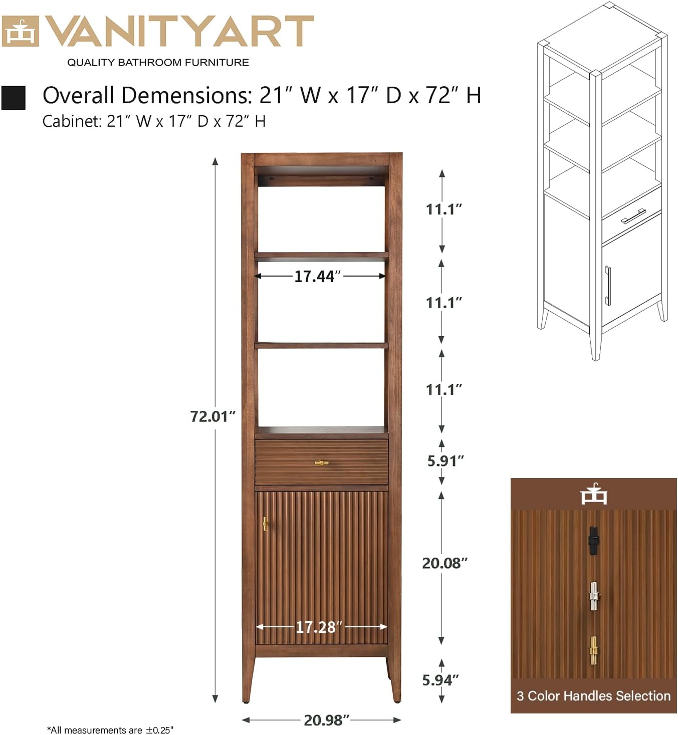 Vanity Art Vanity with Storage Cabinet & Shelves, Free-Standing Vanity with Soft-Closing Doors, Walnut, Golden Brushed Handware VA91-LC-Walnut-GB
