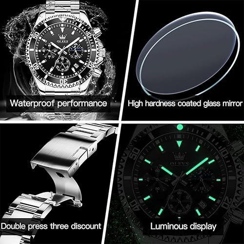 Miniatura 6 de OLEVS Relojes para hombre cronógrafo de acero inoxidable analógico de cuarzo impermeable con fecha y fase lunar relojes de pulsera clásicos
