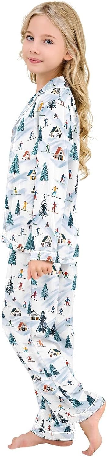 Snowboarders Skiers Winter Satin Pajama Sets Long Sleeves Nightwear Button Down Sleepwear