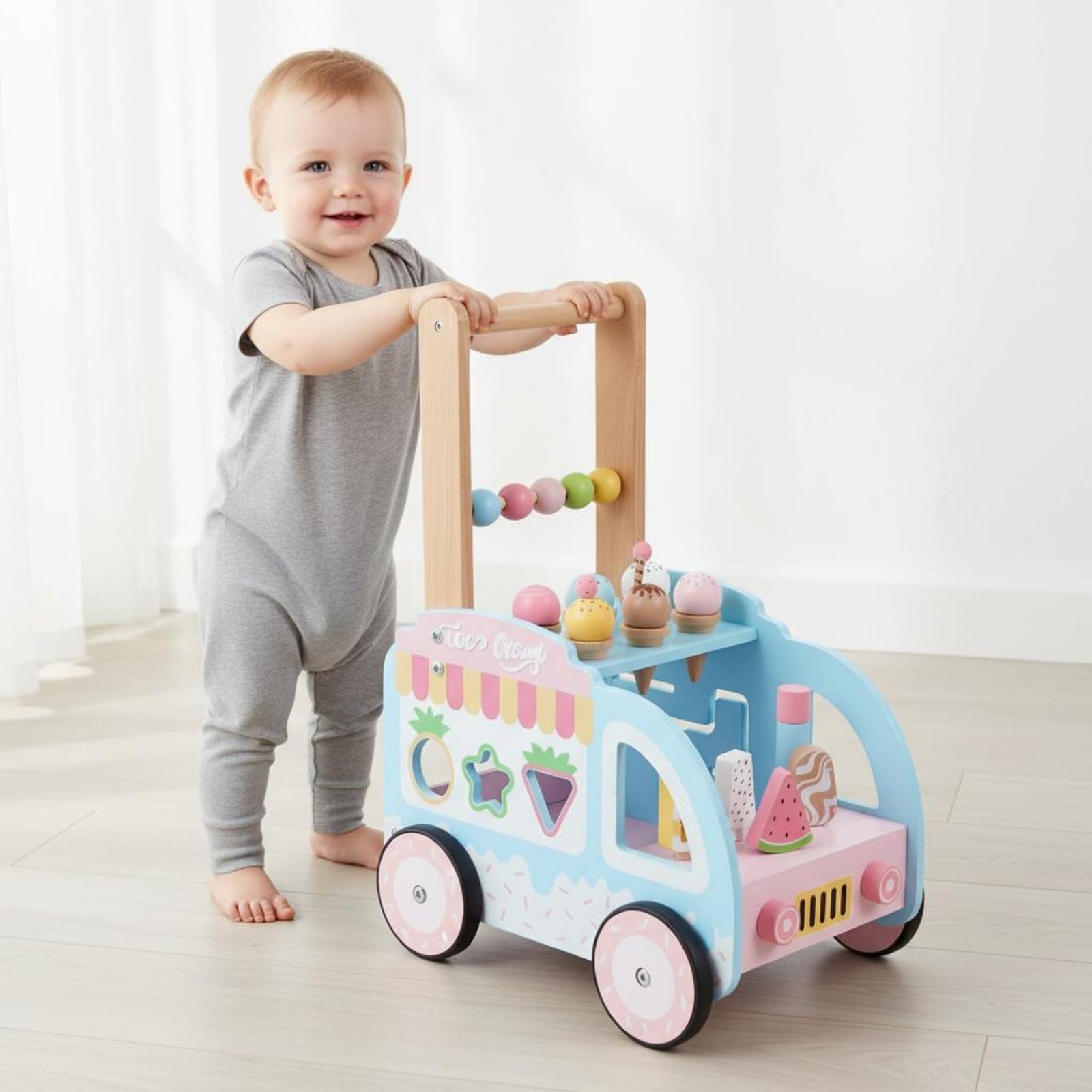 Carrello Gelato in Legno Multifunzione Carrello Primi Spostamenti in Legno Sicuro Giocattolo Educativo per Neonati, Asilo