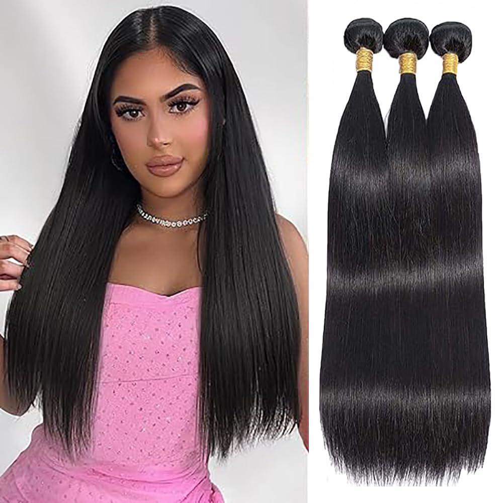Bone Straight Human Hair Bundles Tissage Cheveux Humain Natural Black #1B Color Tissage Naturels Cheveux Human Hair 3 Extensions Double Weft Weave 50g/Piece 24 24 24 Pouce