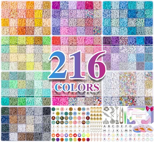 XSEINO 46000Pcs Clay Beads Bracelet Making Kit - 216Colors 10Boxes Polymer Clay Beads, 5 Styles Letter Beads?with Rich Jewelry Making Accessories and 3 Rolls Crystal Cord, for Crafts Christmas Gifts