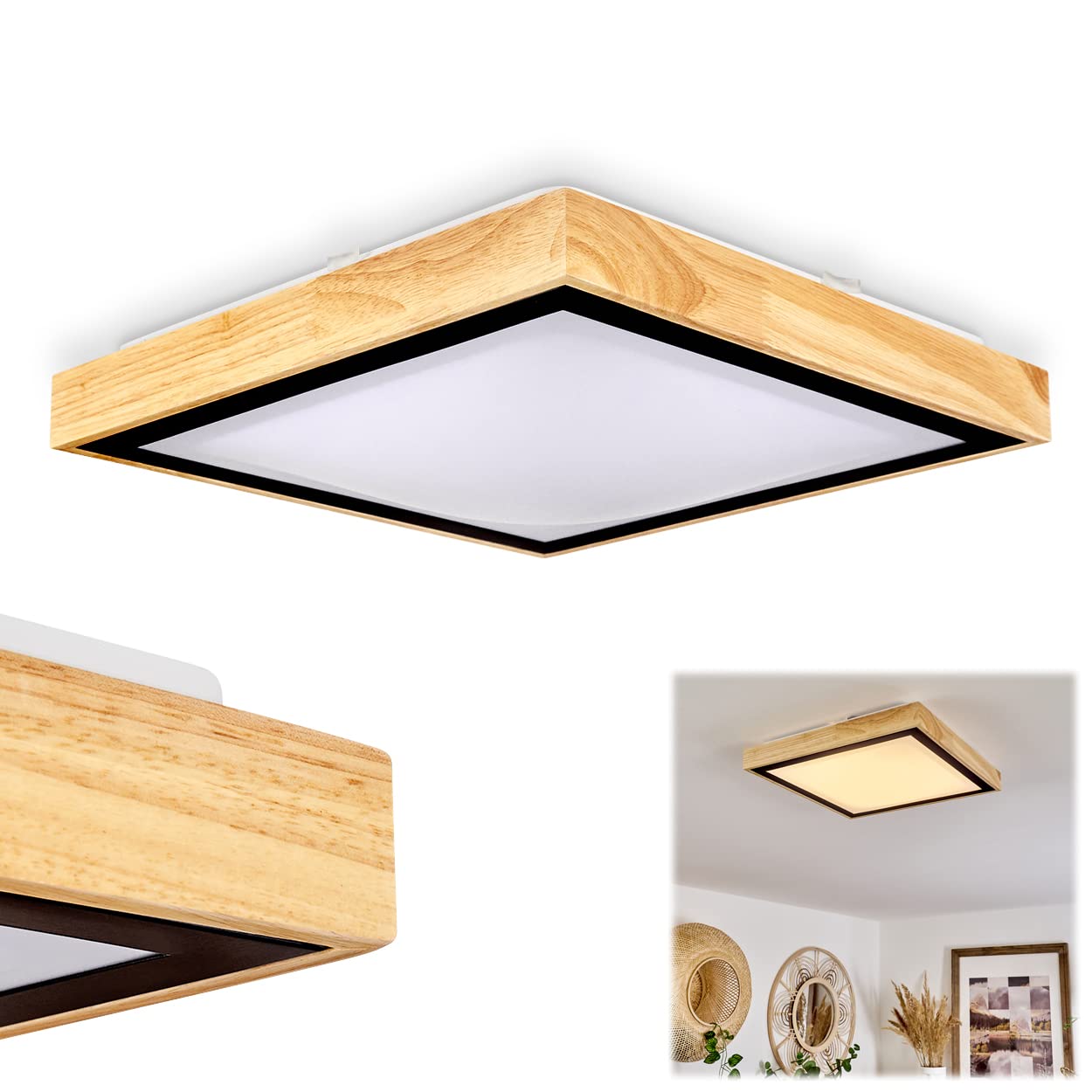 Plafonnier LED Corinto, lampe en métal noir/bois naturel/plastique blanc, luminaire scandinave idéal dans un séjour modern, 18 Watt, 1820 Lumen, 3000 Kelvin