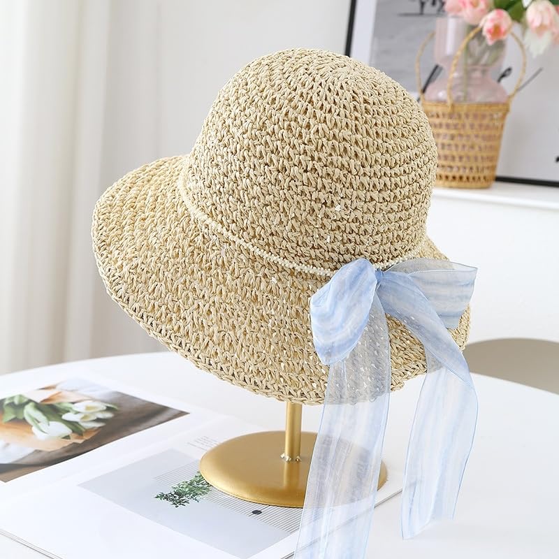 Sombrero de Paja Flexible de Verano para Mujer,de ala Ancha,Plegable,con Lazo de Tul,para Playa,Actividades Al Aire Libre