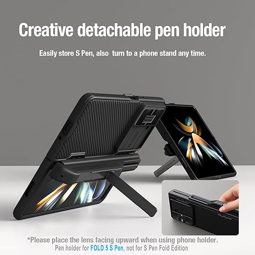 Miniatura 4 de Funda para Samsung Galaxy Z Fold 5 con soporte para S Pen y cubierta de cámara deslizante y protección de bisagra con función atril oculto para