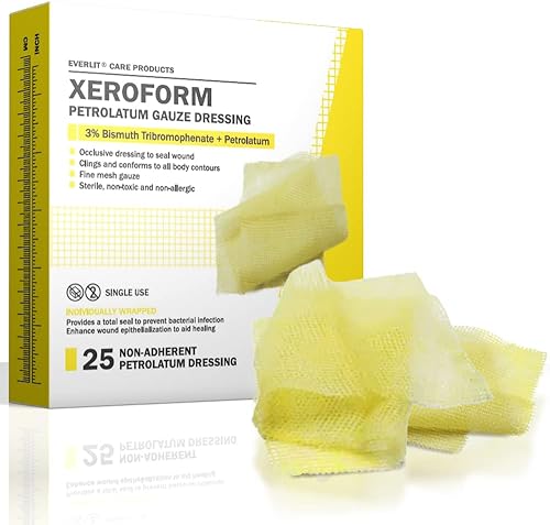 EVERLIT Xeroform - Apósito de petrolato, 4 x 4 pulgadas, paquete de 25 almohadillas de gasa de malla fina oclusiva estéril, no adherente, parche