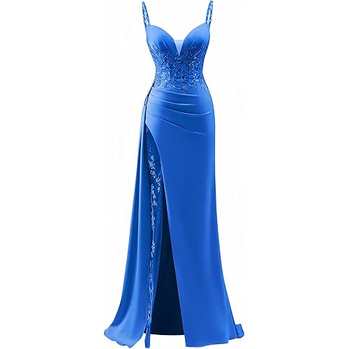 Zeeyecie V-Neck Satin Prom Dresses Mermaid Lace Applique Spaghetti Straps Sparkly Evening Formal Ball Gowns with Slit