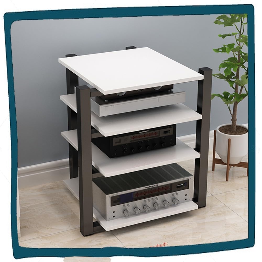 Plattenspieler mit 4 Ebenen, AV-Media-Tower, bodenstehendes Audio-Rack, Eck-Media-Center, Stereo-Schrank aus Holz und Stahl (Schwarz Walnuss, 4 Ebenen)