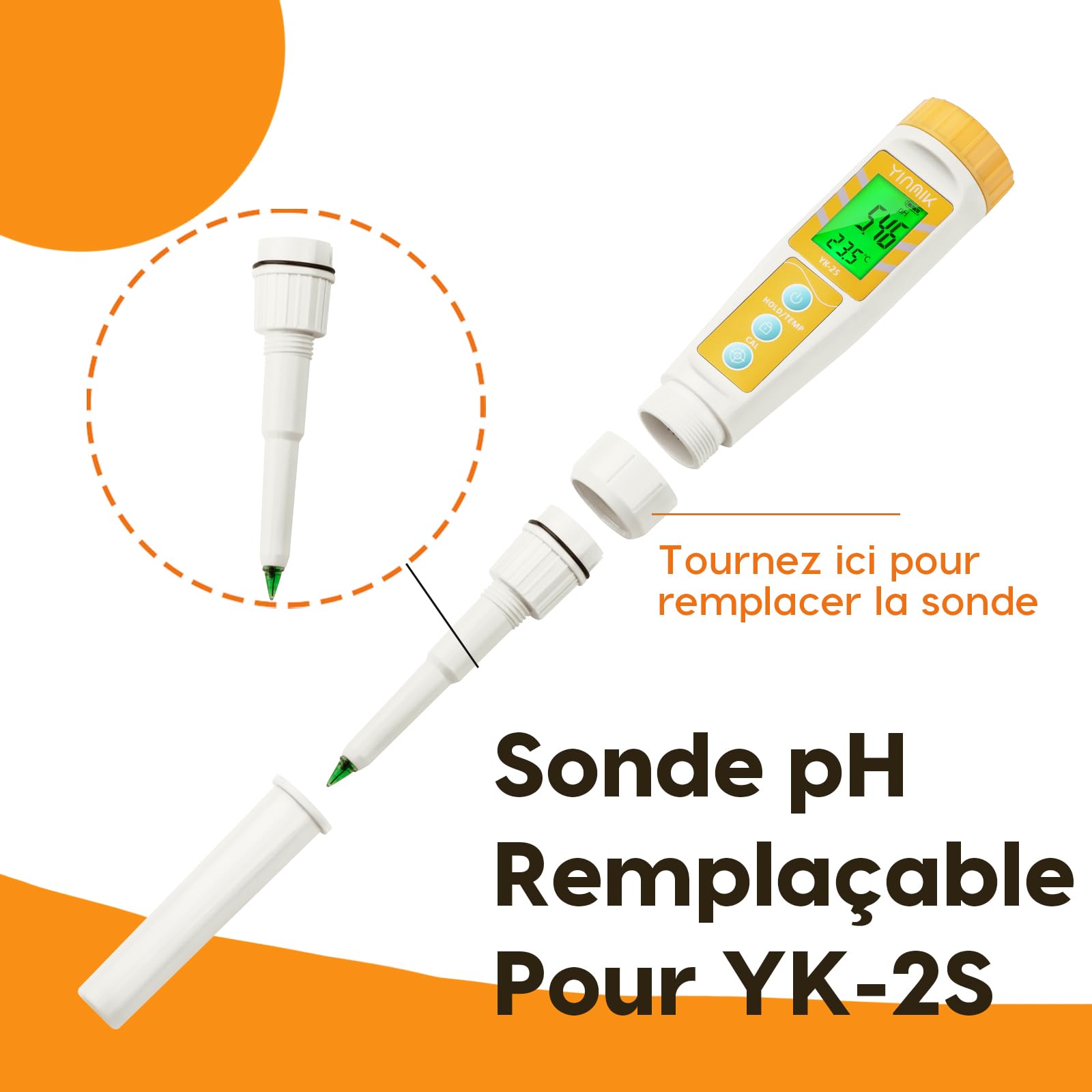 YINMIK Électrode de pH Remplaçable pour pH-Mètre YK-2S, Sonde pH pour Testeur de pH