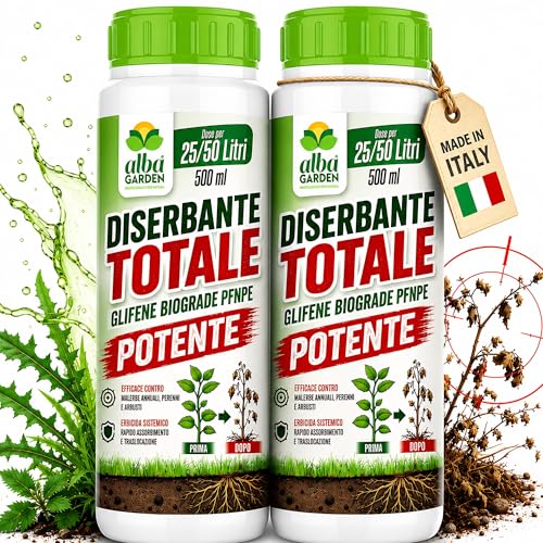 Albagarden - Diserbante Totale POTENTE - 2 x 500 ml - Glifosate Per Erbacce A Azione Sistemica Disseccante- Erbicida Per Diserbo - Seccatutto A Base Di Glifosato Libera Vendita