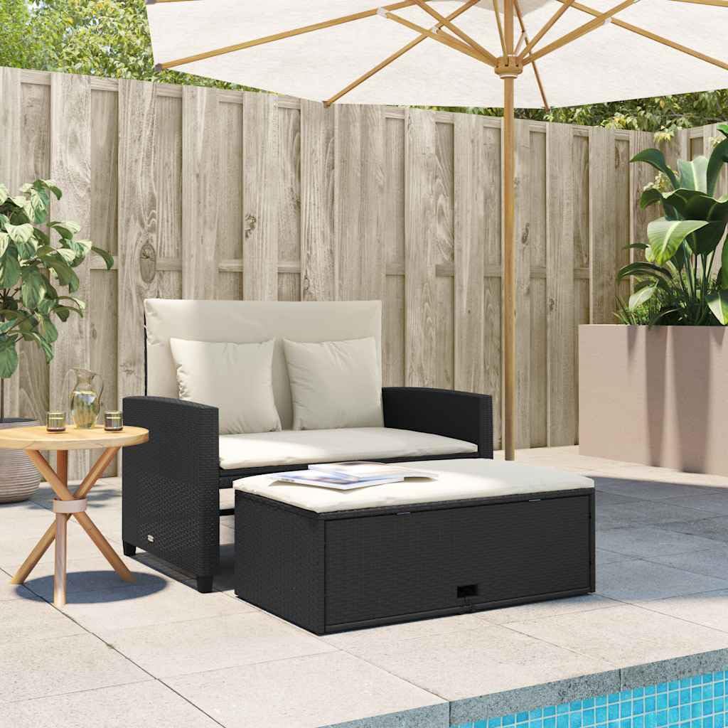 Divano Giardino 2 Posti Nero Polyrattan con Cuscini | Divano letto reclinabile, poggiapiedi con contenitore, rivestimento sfoderabile lavabile, 110 kg per seduta
