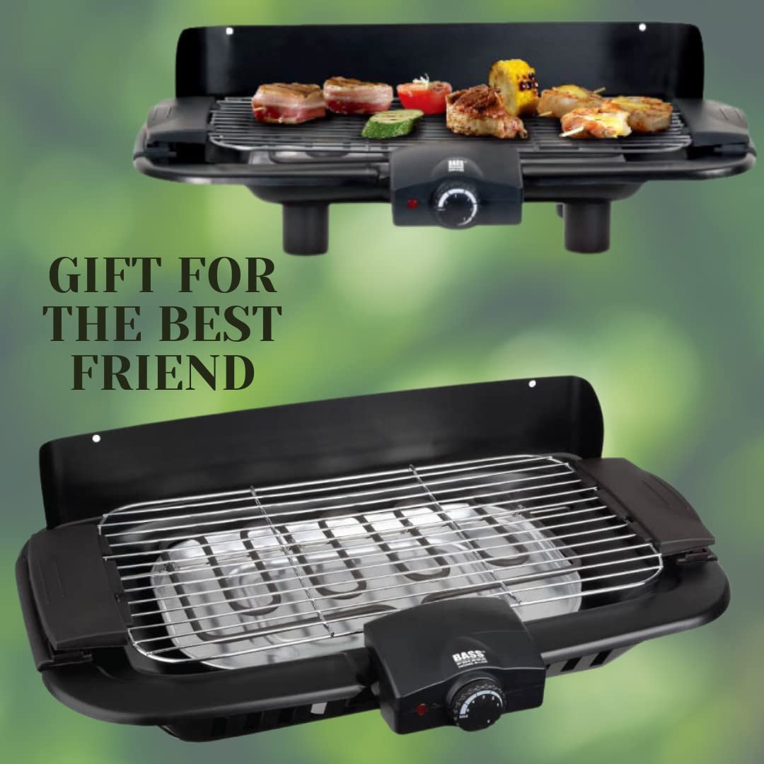 BASS, 2-in-1 Grill Elettrico, Free-standing E Come Dispositivo Da Tavolo, Grill Da Tavolo - BBQ Per Interni Ed Esterni - Rivestimento Antiaderente E Vassoio Raccogli Grasso, 46 x 23 cm