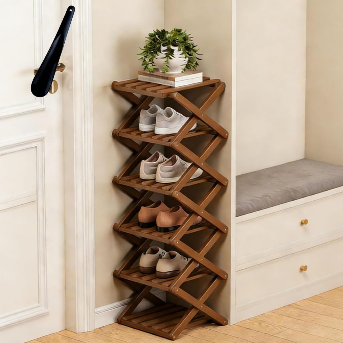 The 9-Tier No-Assembly Bamboo Rack - 2/3/4/5/6/7/8/9/10 Accordion Bamboo Shoe Storage Rack, No Assembly Narrow Shoe Shelf for Entryway Closet Dorm (Brown, 6 Tier)