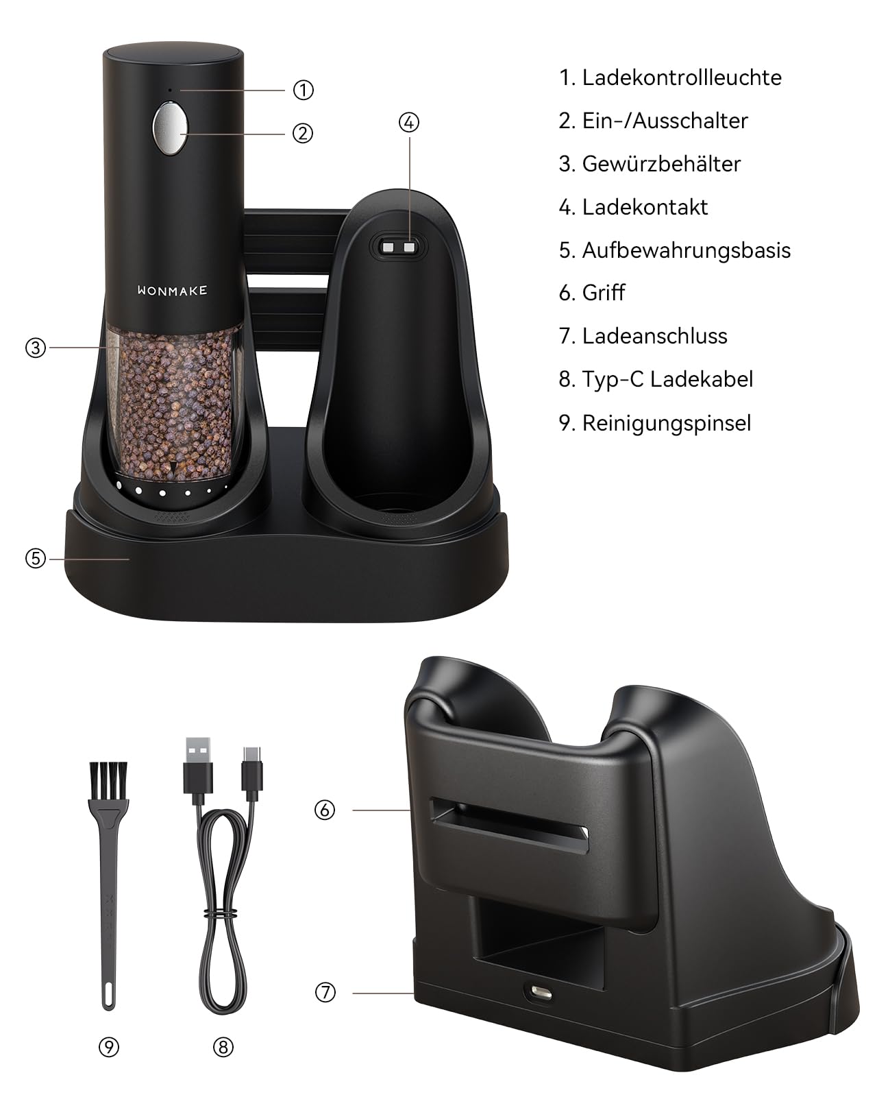 WONMAKE Ensemble moulin à sel et poivre électrique avec station de charge - Moulin à sel et à poivre électrique rechargeable - Réglage du degré de mouture à 6 niveaux - Lumière LED - Utilisation à une