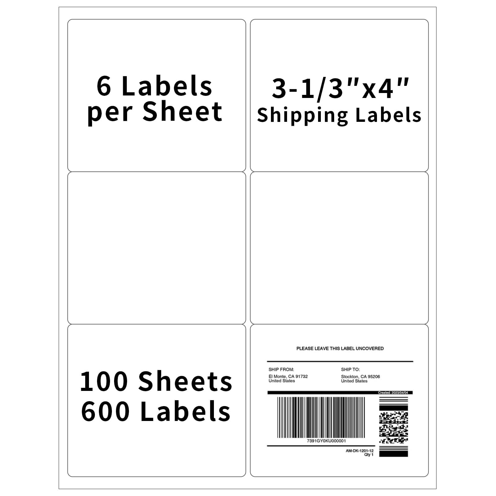3⅓" x 4" Printable Mailing Label for Laser & Inkjet Printers, 6 Up Permanent Adhesive Label Blank, 100 Sheets 600 Labels Shipping Address Labels, FBA Box Labels