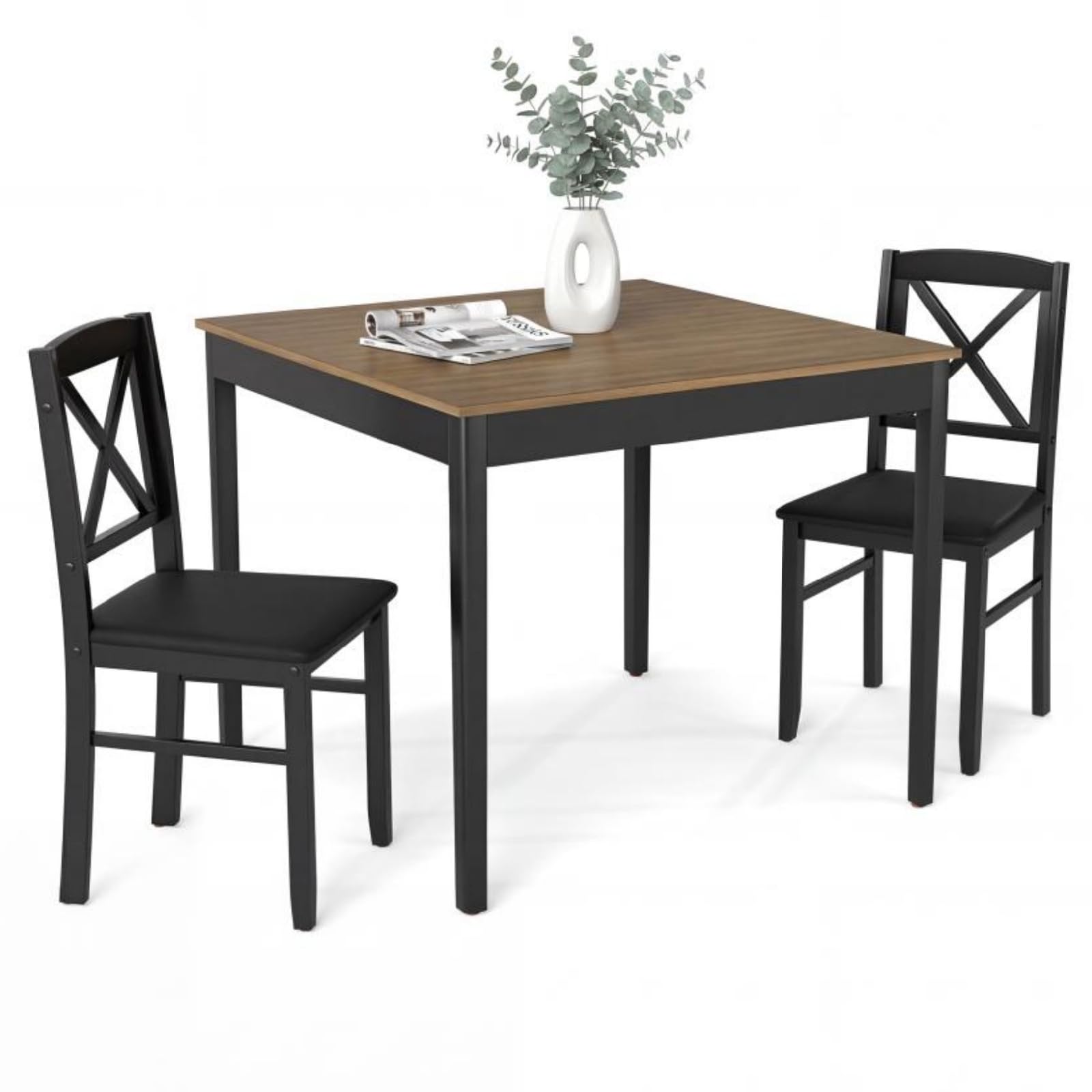 GiantexUK 3-Piece Wooden Dining Table Set, Kitchen Table and Chairs with Upholstered Seat & Rubber Wood Legs, Modern Compact Dining Furniture Set for Small Spaces Apartment (Rustic Brown+ Black)