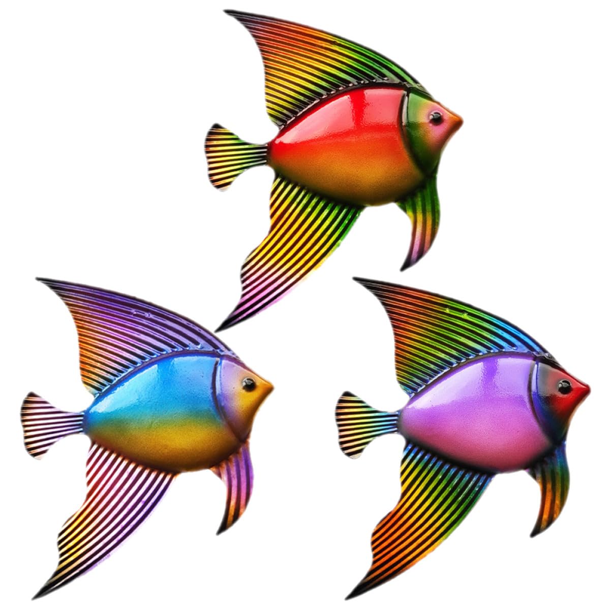 IMIKEYA 3Pcs Metal Iron Fish Wall Hanging Set, Outdoor Garden Wall Art Decor with Blue, Purple, Red Fish Sculptures, Seaside Beach Theme for Patio and Home