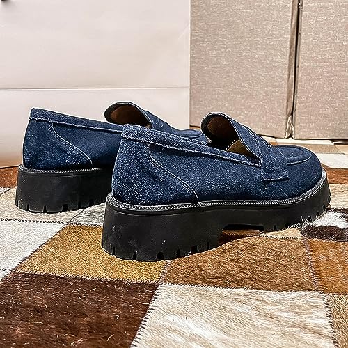 Image of Women's Leather Lug Sole Penny Loafers Classic Round Toe Comfort Slip On Uniform Dress Shoes Casual Fashion Chunky Heel Work Shoes (Blue,7)
