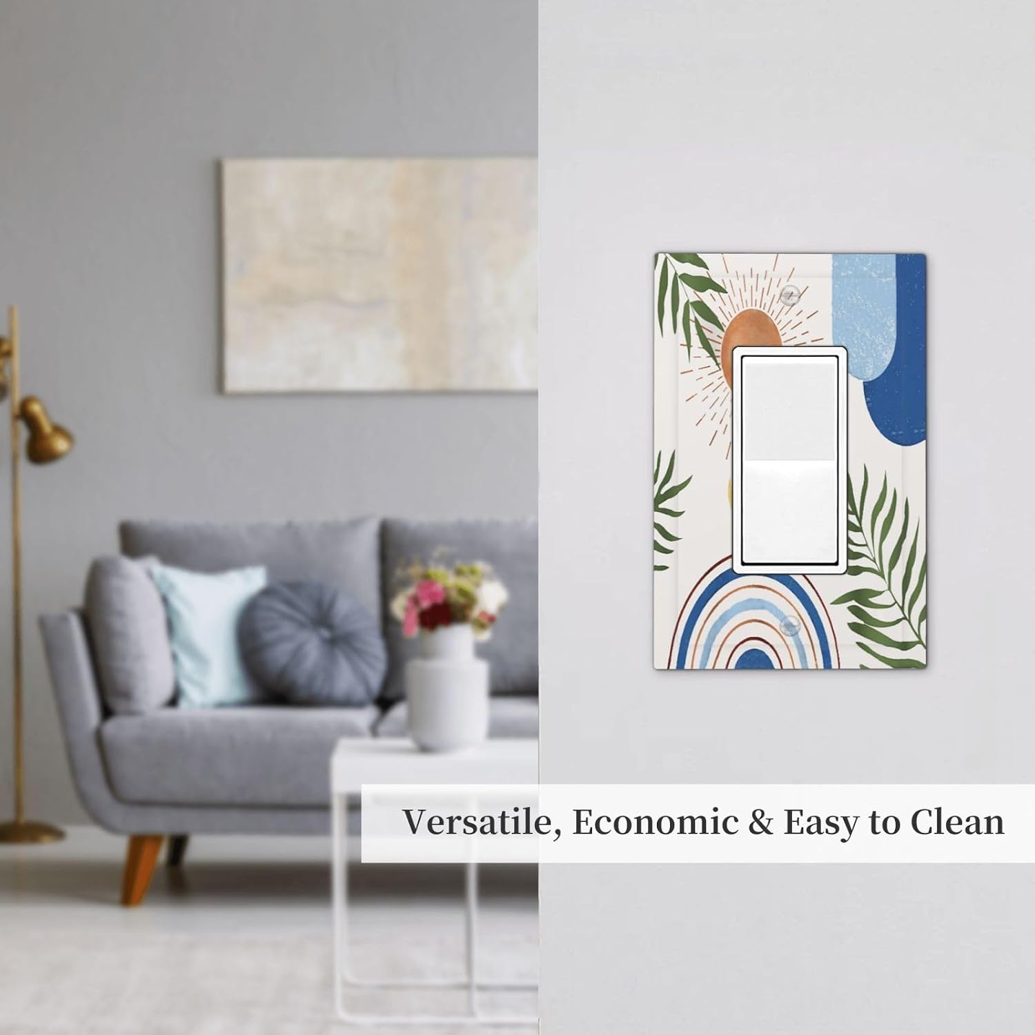 Blue Boho 1 Gang Rocker/GFCI Outlet Light Switch WallPlate Cover Modern Mid Century Abstract Blue Tropical Leaves Palm Minimalist Plant Faceplate Decorative Faceplate Geometric Arch Bath Bedroom Decor