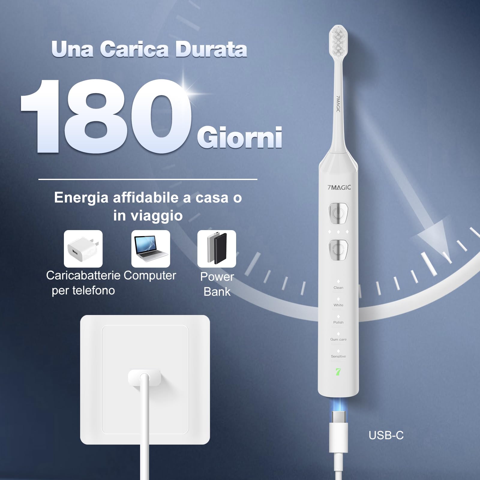 7MAGIC Spazzolino elettrico sonico, 180 giorni di autonomia, Bianco