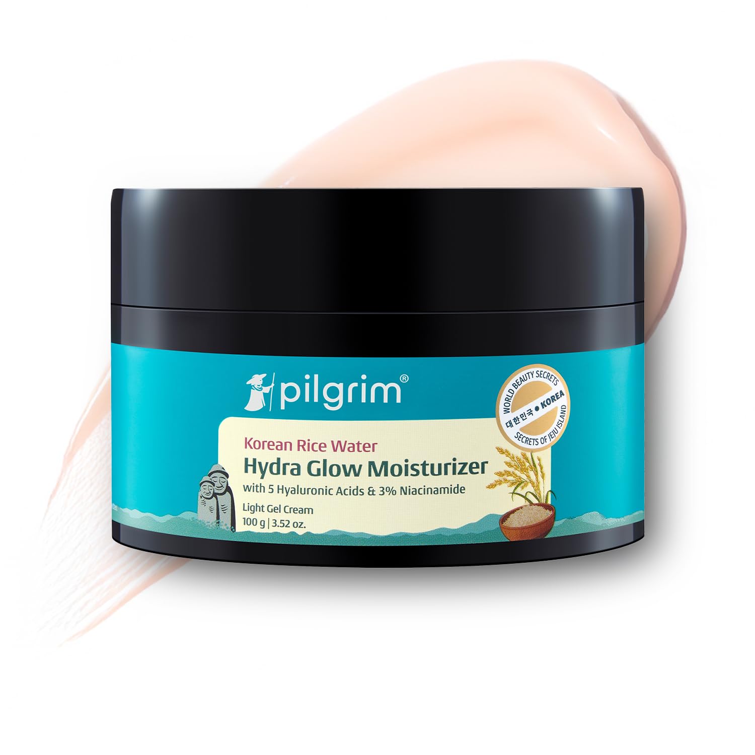 Pilgrim Korean Rice Water Hydra Glow Moisturizer 100Gm with 5 Hyaluronic Acids, 3% Niacinamide, 5 Ceramides|Deep Hydration & Glass Skin Glow|Oil-Free, Lightweight Gel Formula|All Skin Types|Women, Men