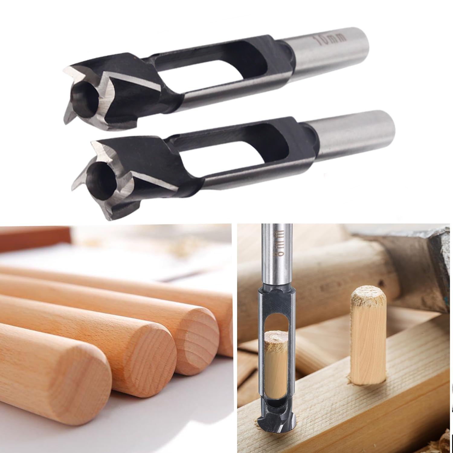 2 kits de broyeurs d'outils de broche et de bouchon profond, outils de bouchon en bois avec poignée circulaire de 1/2 "pour la fabrication de rivets pour les meubles de menuiserie (10MM+15MM)