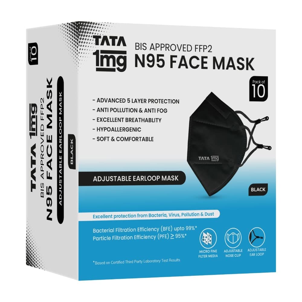 Tata 1mg Bis Approved Ffp2 N95 Polycotton Mask With Adjustable Ear Loop (Black, Pack Of 10 Masks) (B0B3TN6YTY) Amazon Price History, Amazon Price Tracker