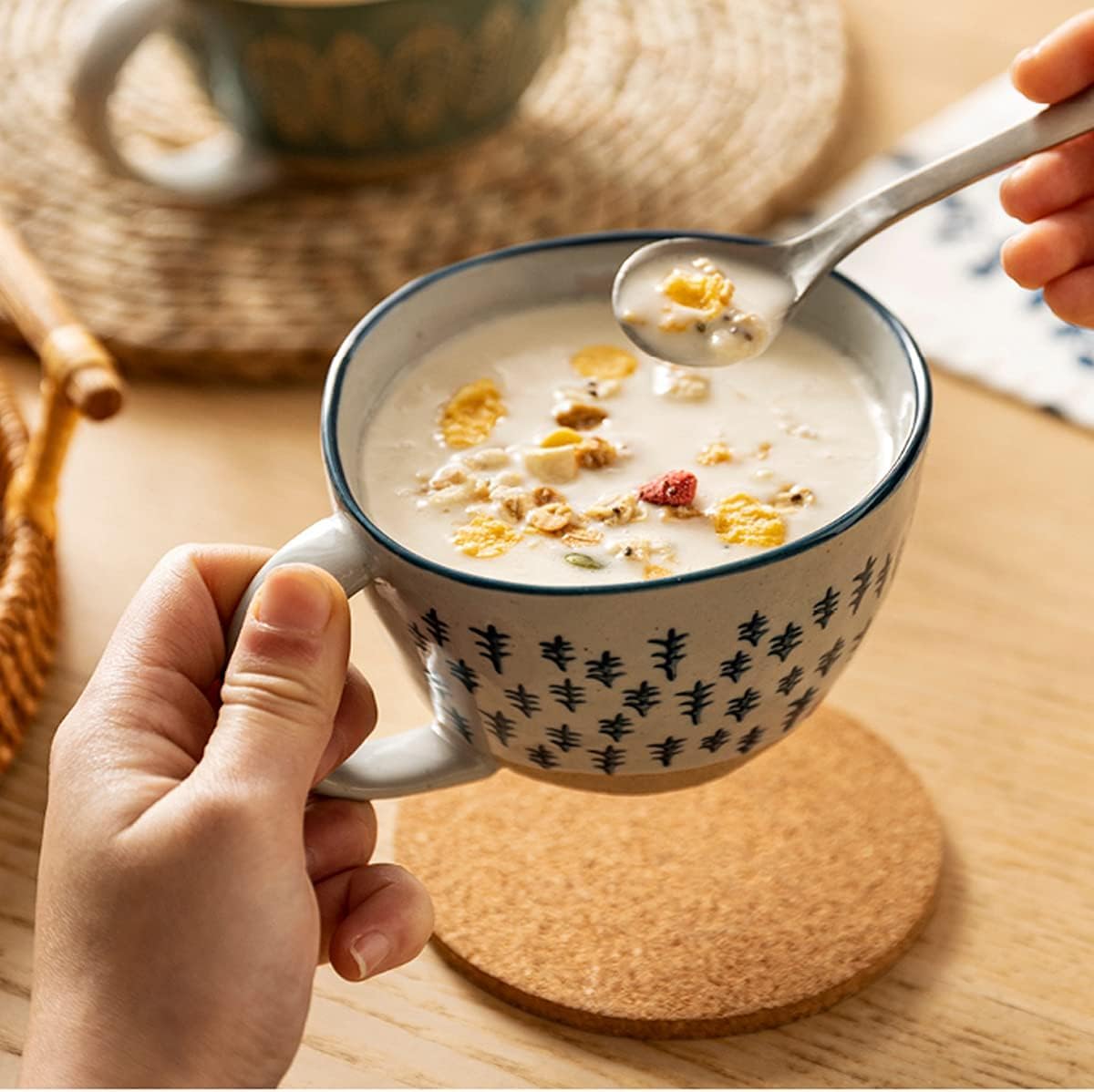 Keramik Kaffeebecher Kaffeetasse, Keramikbecher, dekorative Tasse, Emaille-Becher mit Henkel, Tasse im japanischen Stil, handbemaltes Muster, 11 Unzen, 1 Stück(D)