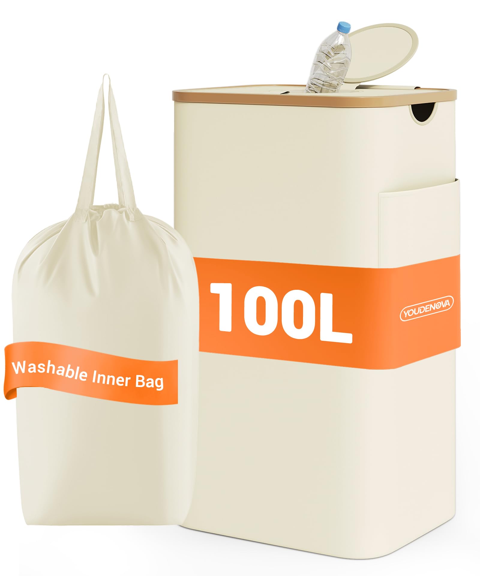 YOUDENOVA 100L Pfandflaschen Sammelbehälter mit Deckel Geruchsdicht Mülleimer Küche Flaschensammler Leergut Altglas Aufbewahrung Recycling Behälter Beige
