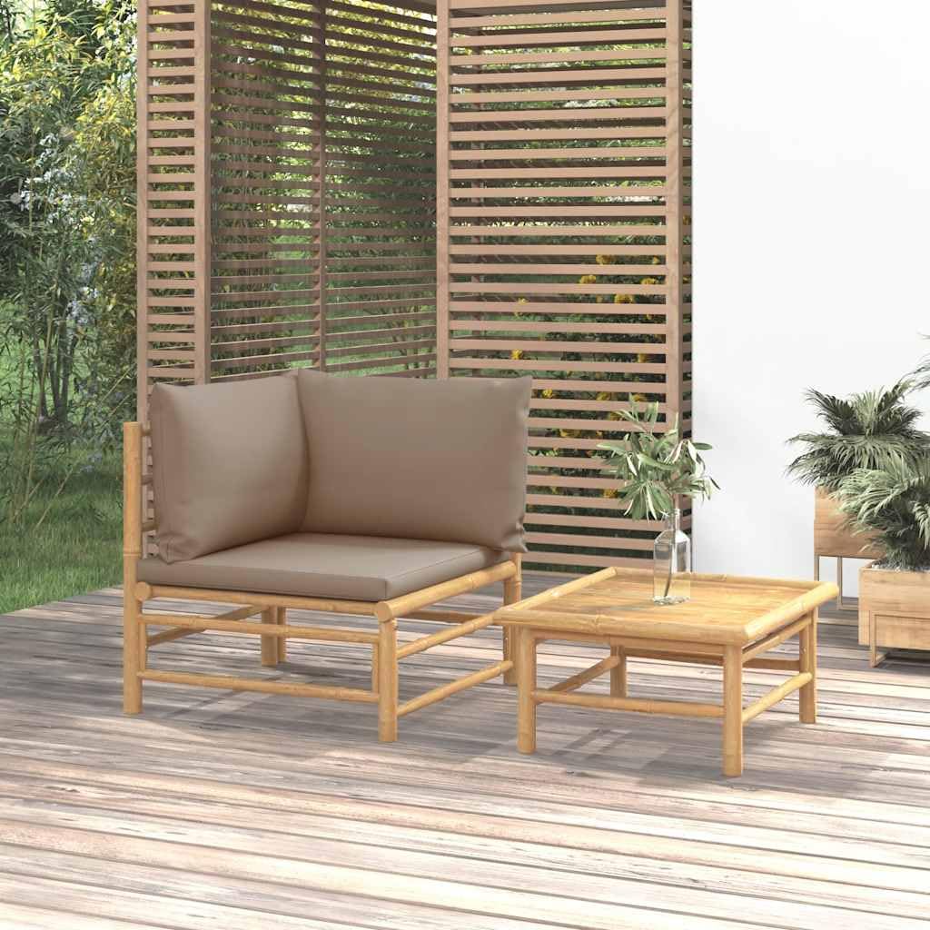 Meubles de jardin en bambou haut de gamme avec grands coussins de couleur taupe