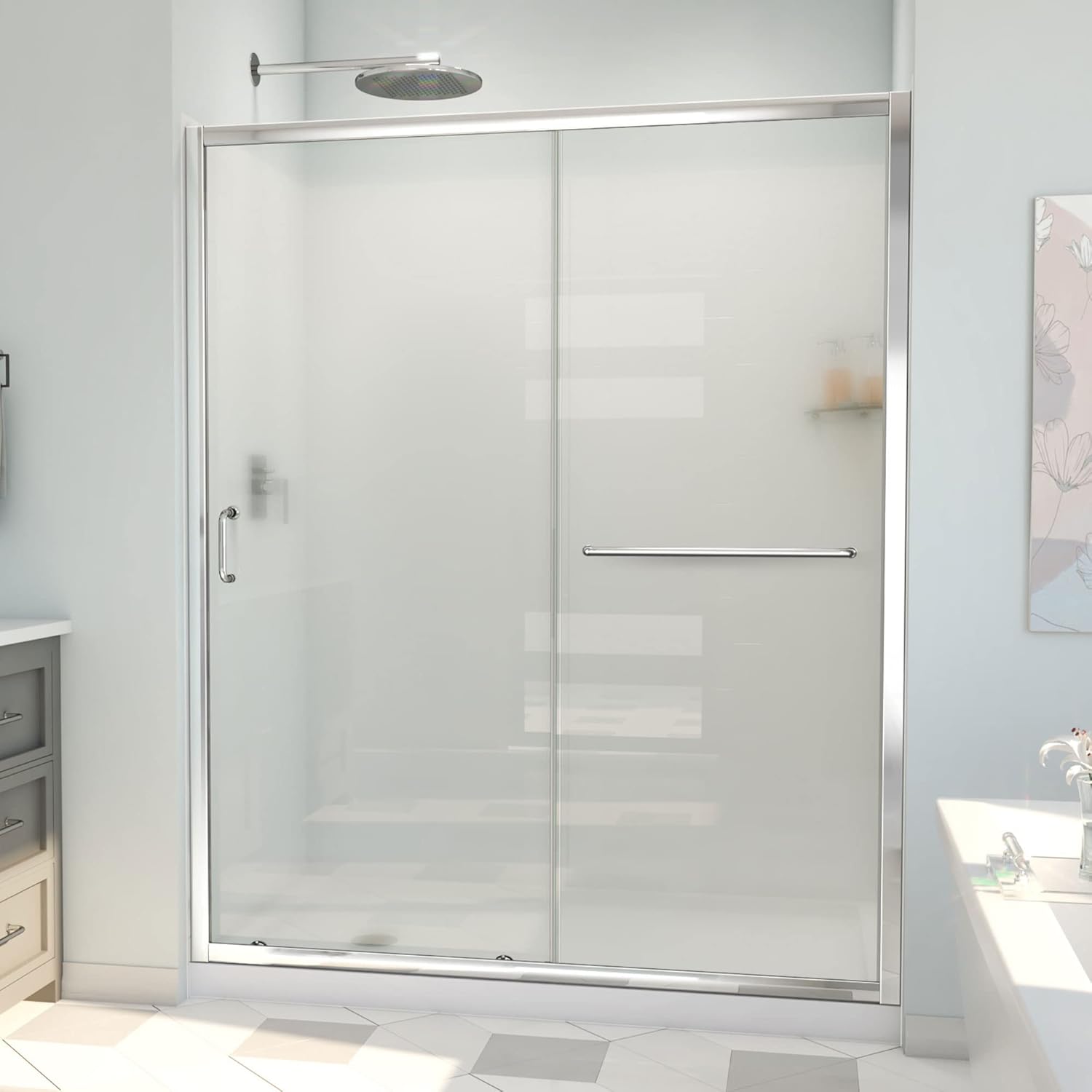 DreamLine Infinity-Z 34 inch D x 60 inch W x 78 3/4 inch H Semi-Frameless Sliding Shower Door in Chrome and Frosted Glass, Left Drain Shower Base, and Wall Kit in White