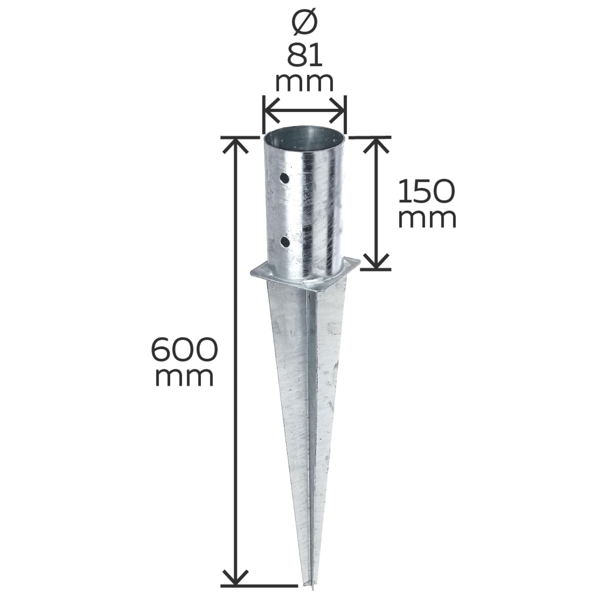 Alberts 211387 Anclaje para enterrar, Para postes de madera cuadrados y redondos, Galvanizado en caliente, Ø81 mm, Longitud total 600 mm