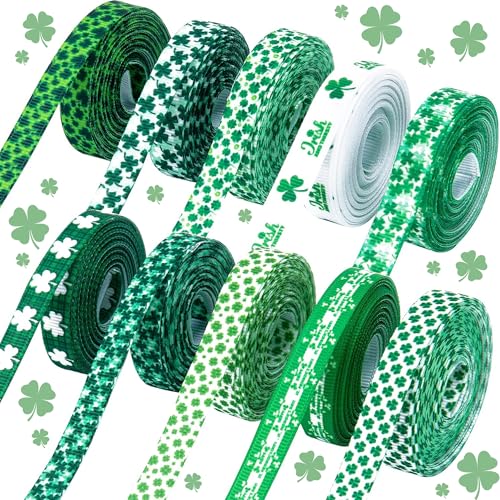 St. Patricks Day Ribbon - 50 Yards Shamrocks Clover Grosgrain Ribbon for St. Patricks Day Gift Wrapping Wreath DIY Craft and Sewing
