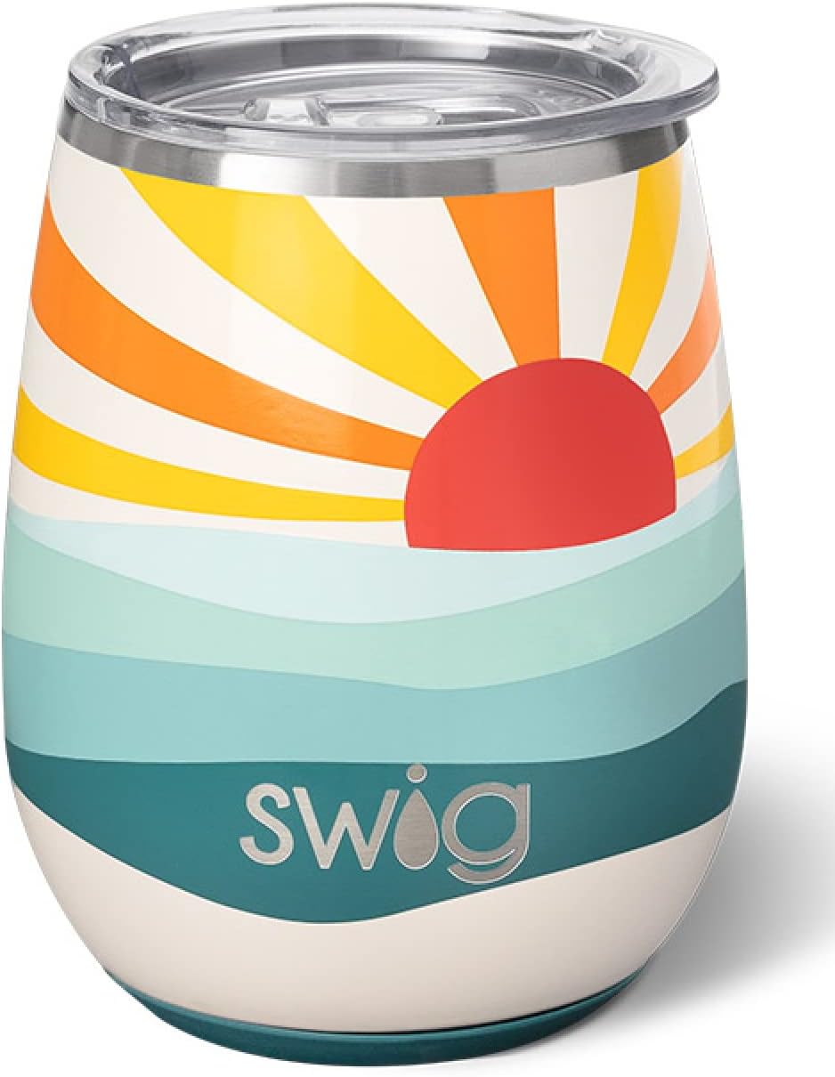 Swig Life 14oz Stemless Wine Cup, Insulated Wine Tumbler with Lid, Stainless Steel Travel Tumbler (Sun Dance)