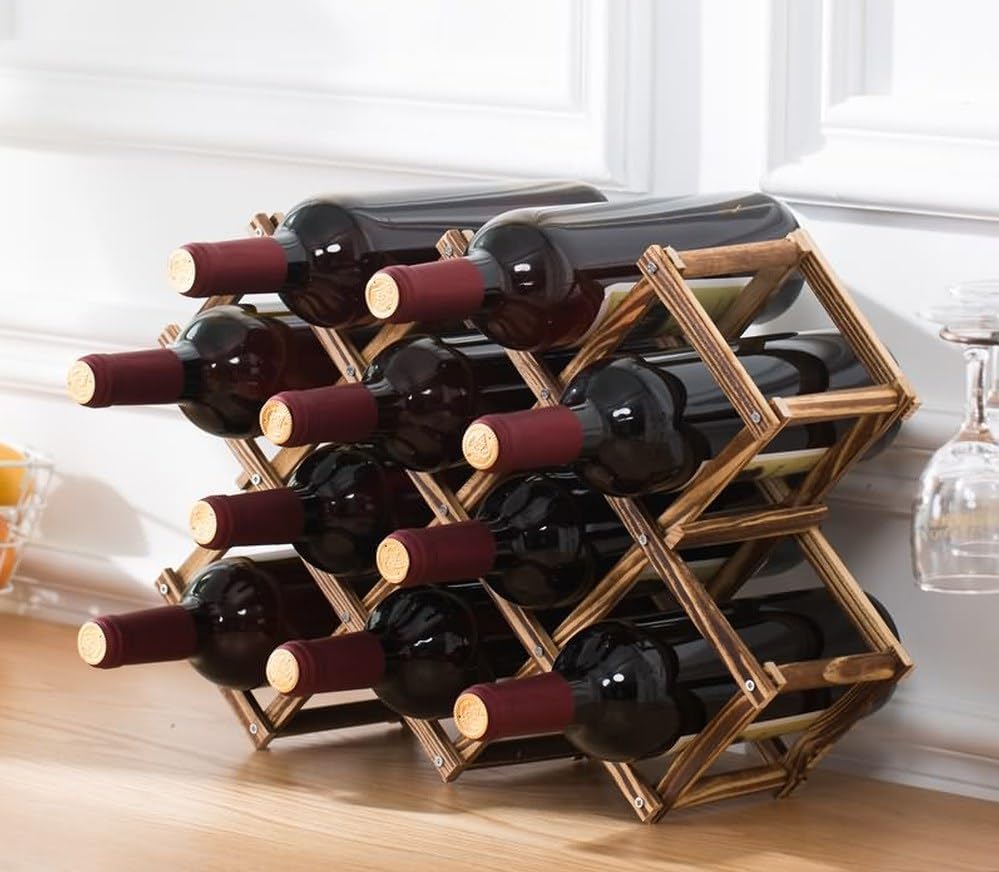 LoongZDD Foldable Wooden Wine Rack, 10-Bottle Expandable Countertop Wine Holder with 8 Individual Slots and Top Storage, Carbonized Pine, No Assembly Required