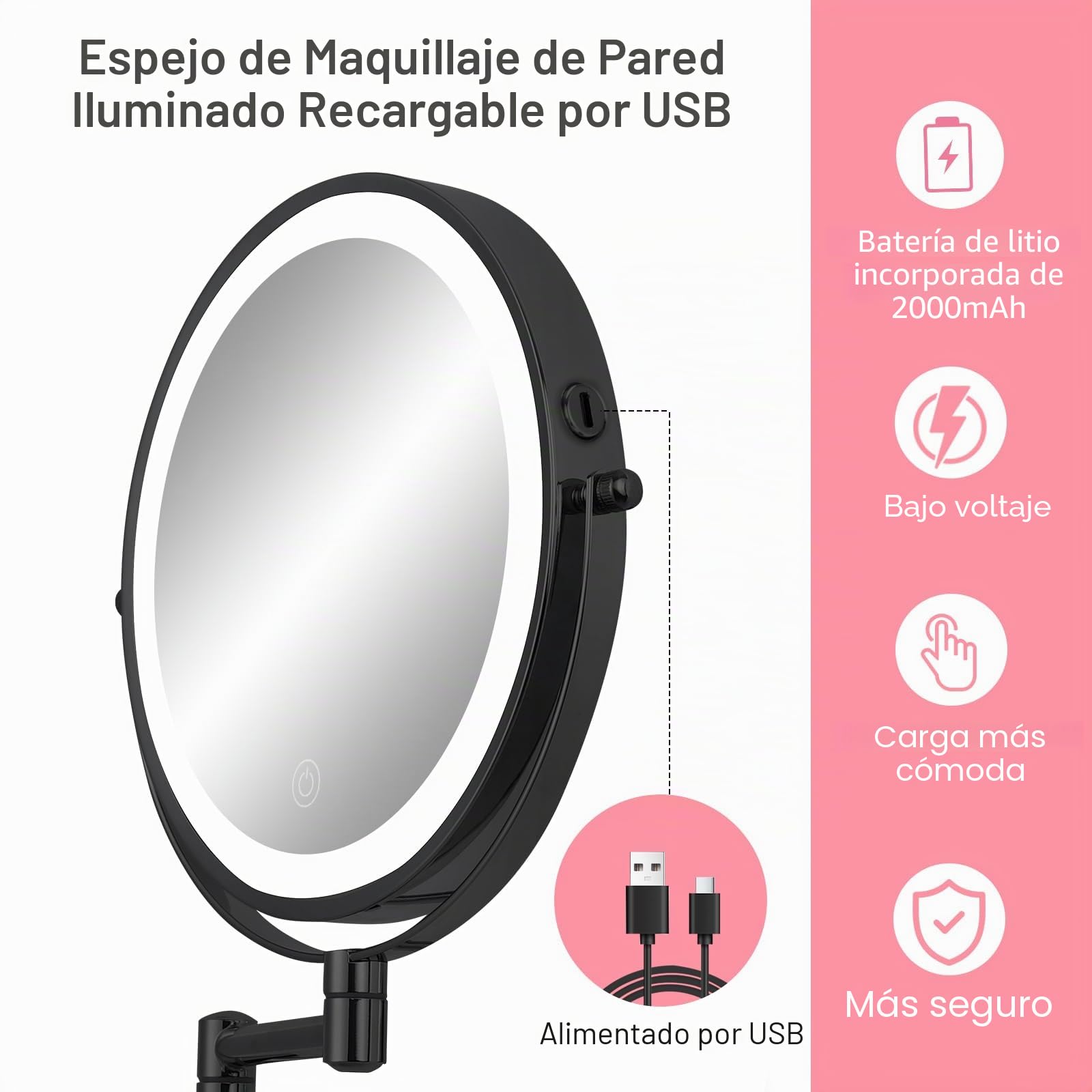 Espejo de maquillaje montado en la pared de 8 pulgadas con luces, espejo de afeitado LED recargable, aumento de doble cara 1X/10X, iluminación regulable de 3 colores, rotación de 360°, negro