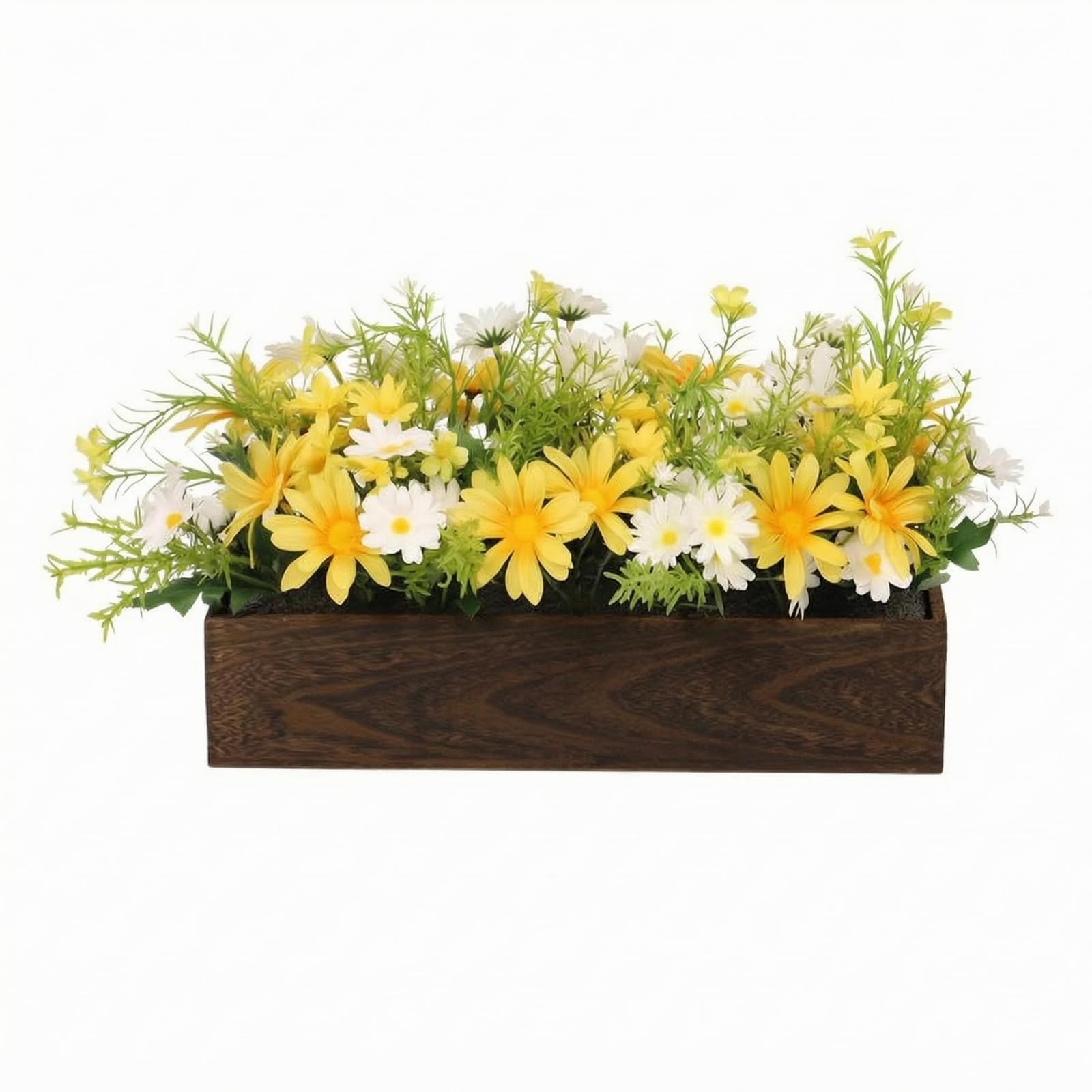 Margaritas artificiales con follaje verde y caja floral rectangular de madera oscura baja