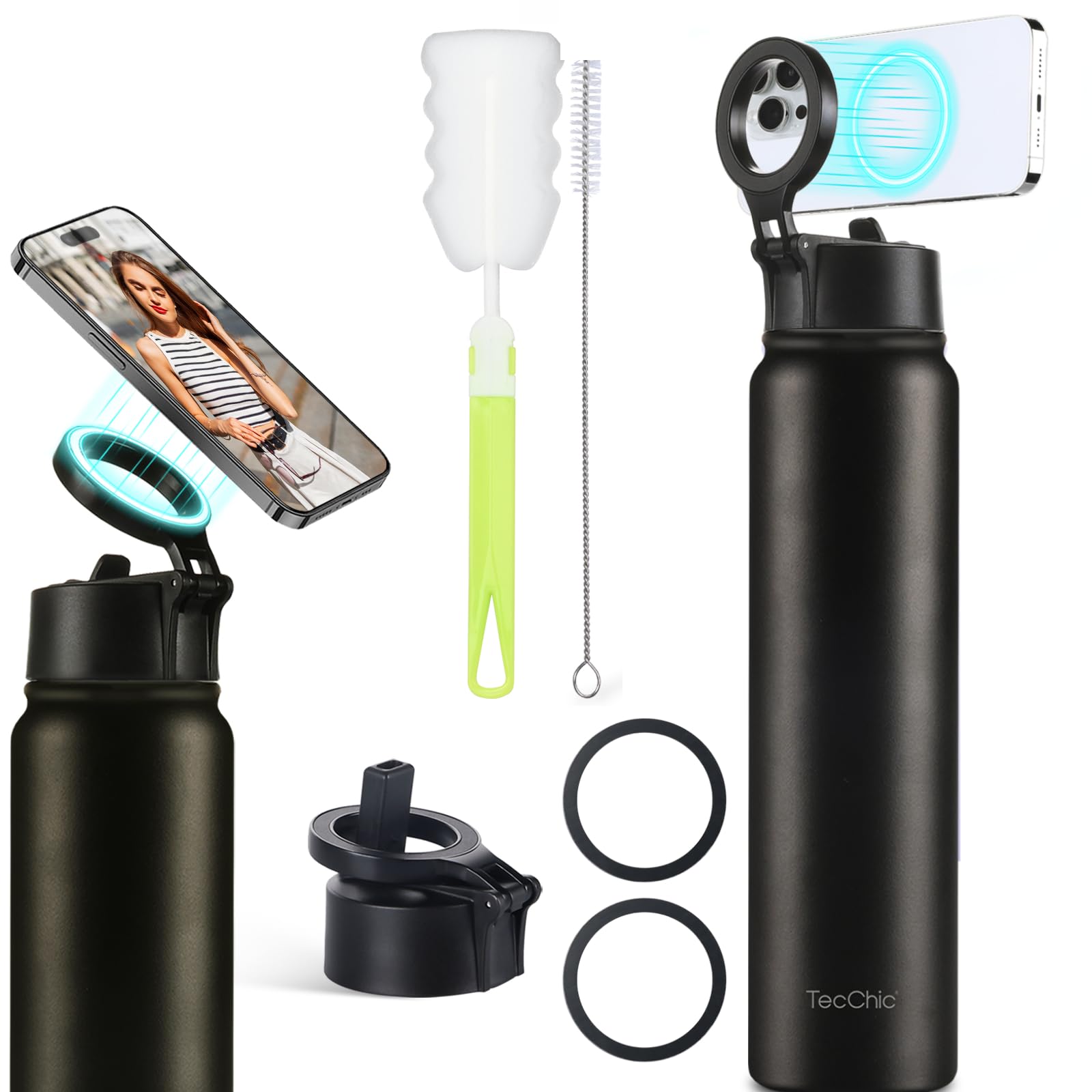 Insulated Water Bottle with Magnetic Phone Holder Compatible with MagSafe and iPhone,Double-Sided Magnet,Hot 12H Cold 24H,Stainless Steel Water Bottle Phone Mount for Sports Travel,24oz (Black)