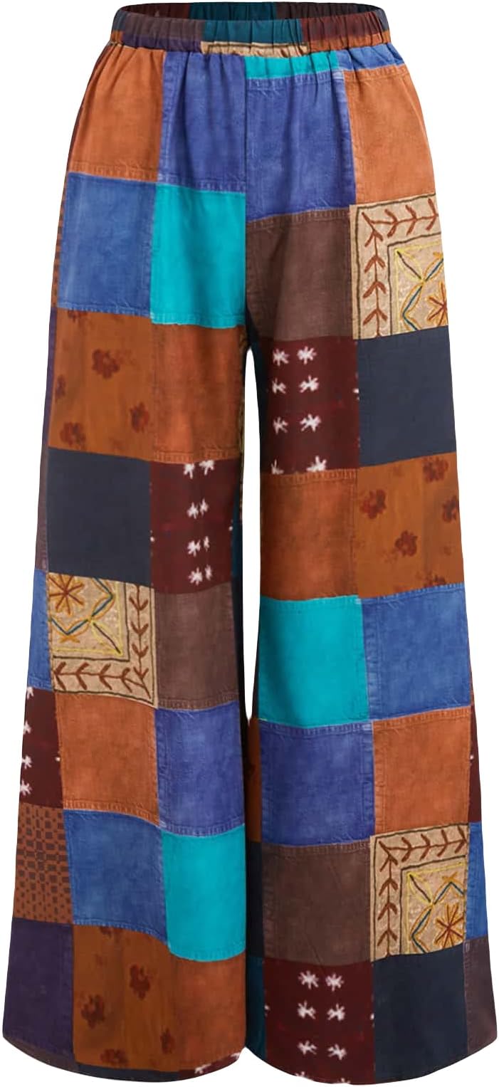 Women's All Over Print Patchwork Wide Leg Hippie Elastic High Waist Boho Pants