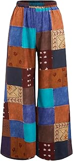 Women's All Over Print Patchwork Wide Leg Hippie Elastic High Waist Boho...