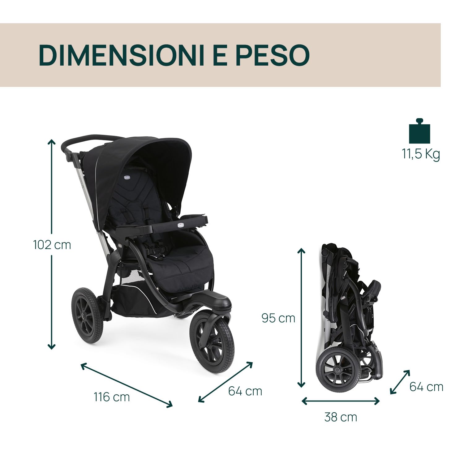 Passeggino Activ3 Con 3 Ruote, Funzionale e Facile da Guidare Su Tutti i Terreni, Seduta Ampia, Schienale Reclinabile, Chiusura Pratica e Veloce, Ammortizzatori Regolabili, 0 Mesi+, Ebony