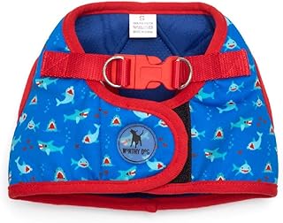 The Worthy Dog Printed Harness Chomp Shark Ocean Pattern Harness with Padded Mesh Velcro Adjustable, Outdoor, Easy Walk Vest for Dogs, Blue/Red Color-Large