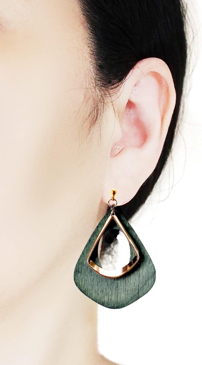 Dangle Red Wood Black Invisible Screw-Back Clip On Earrings for Women, Comfortable Green Gold Hoop Transparent Non Pierced Plastic Clip-On Earrings