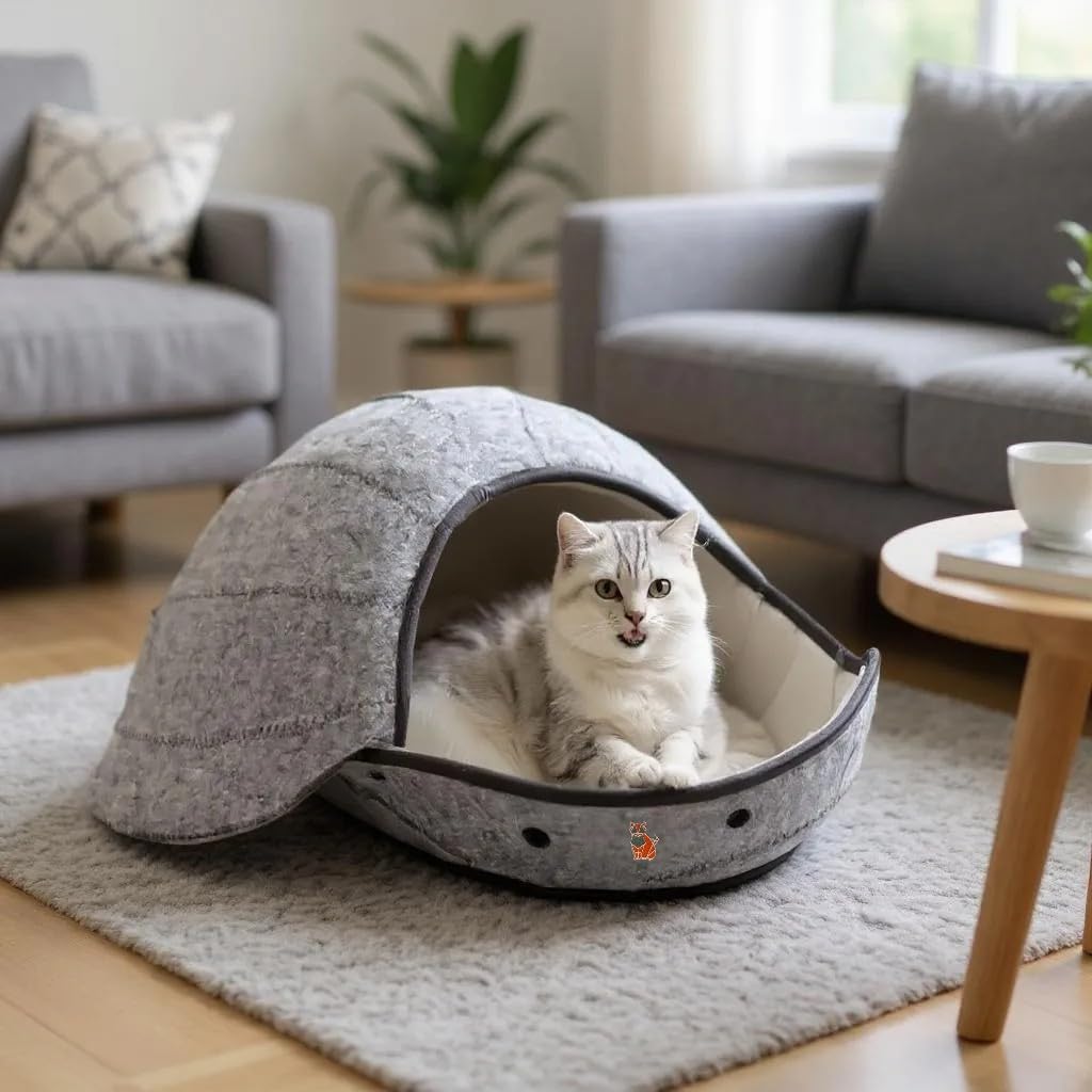 Anti-Anxiety Cat Cave Bed, Calming Felt Cat Bed for Indoor Cats, Foldable Cat Tunnel Bed, Cosy Enclosed Hideaway Pod