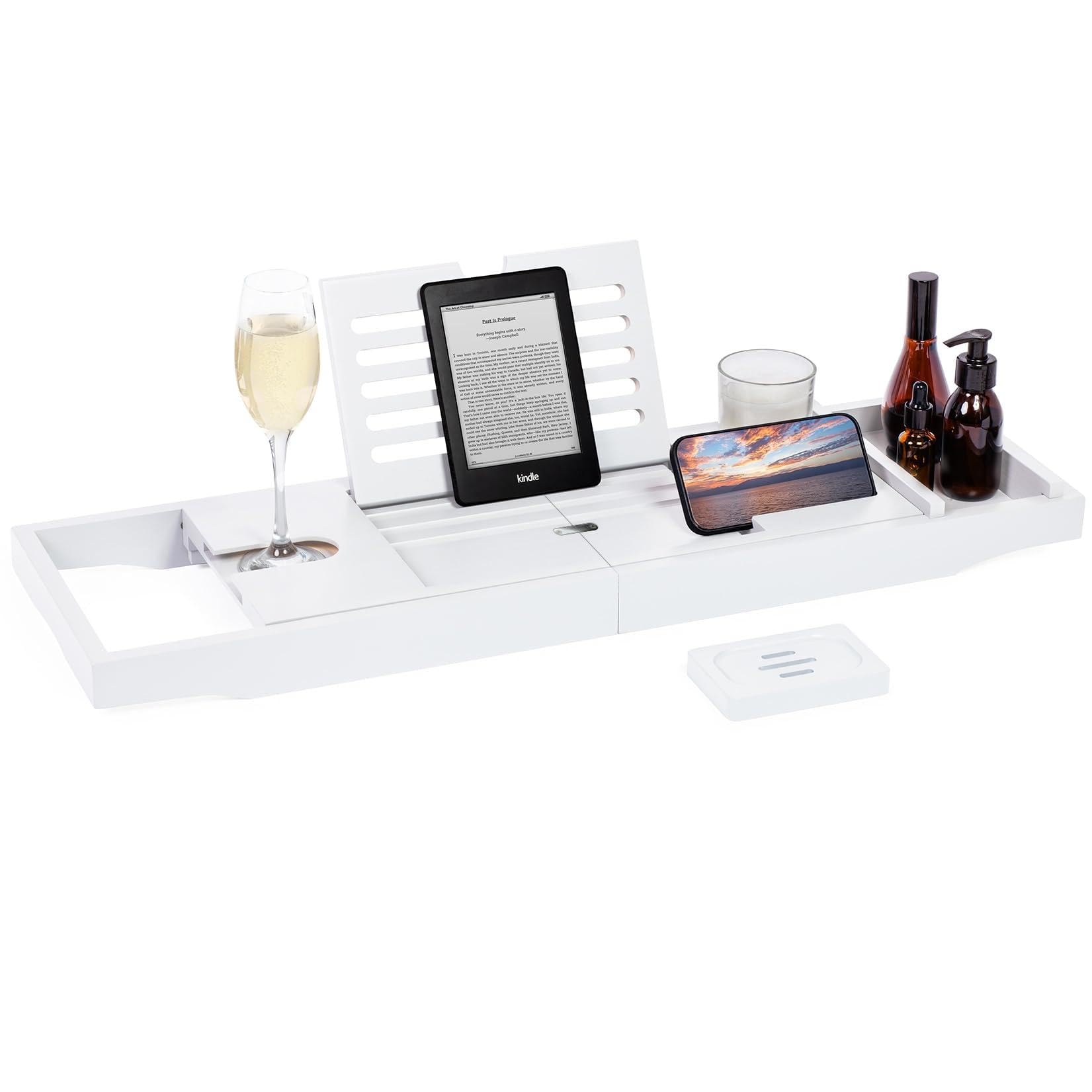 Woodluv Extendable Wooden Bath Tray, Bathtub Tray Bathroom Caddy with Wine Glass, Candle, Phone, Tablet, Book Holder - Foldable Bath Board for Spa Experience - Adjustable Bath Rack, White — image 1
