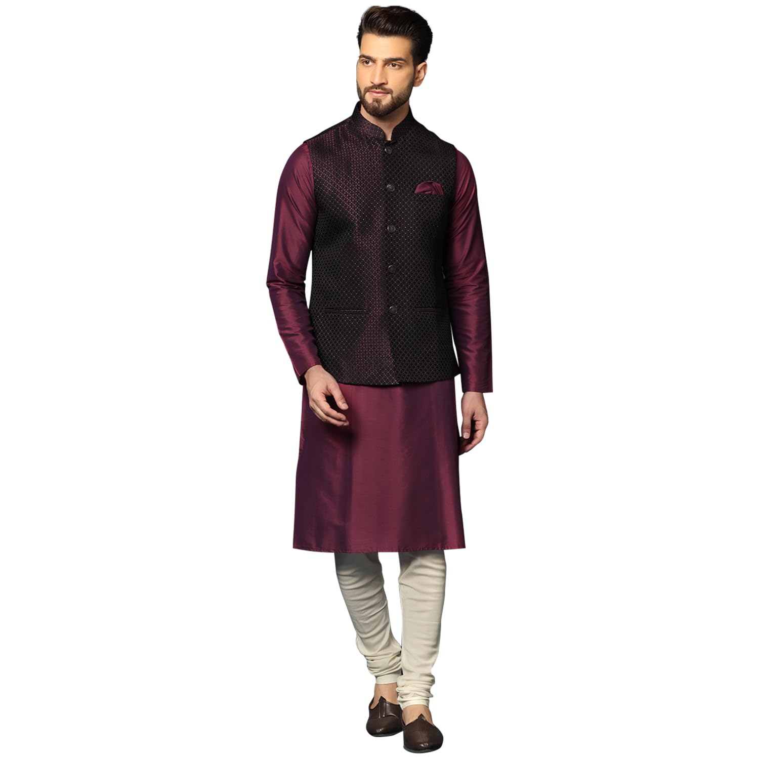 kisah Men's Maroon Kurta Jacket Churidar Set Cotton Blend, Woven Design, Full Sleeves, Straight, Regular Fit, Mandarin Collar-picture-31